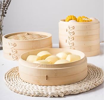 竹細工 極上品かご 手作工芸品 3 層 蒸し器 饅頭と肉まんを蒸す